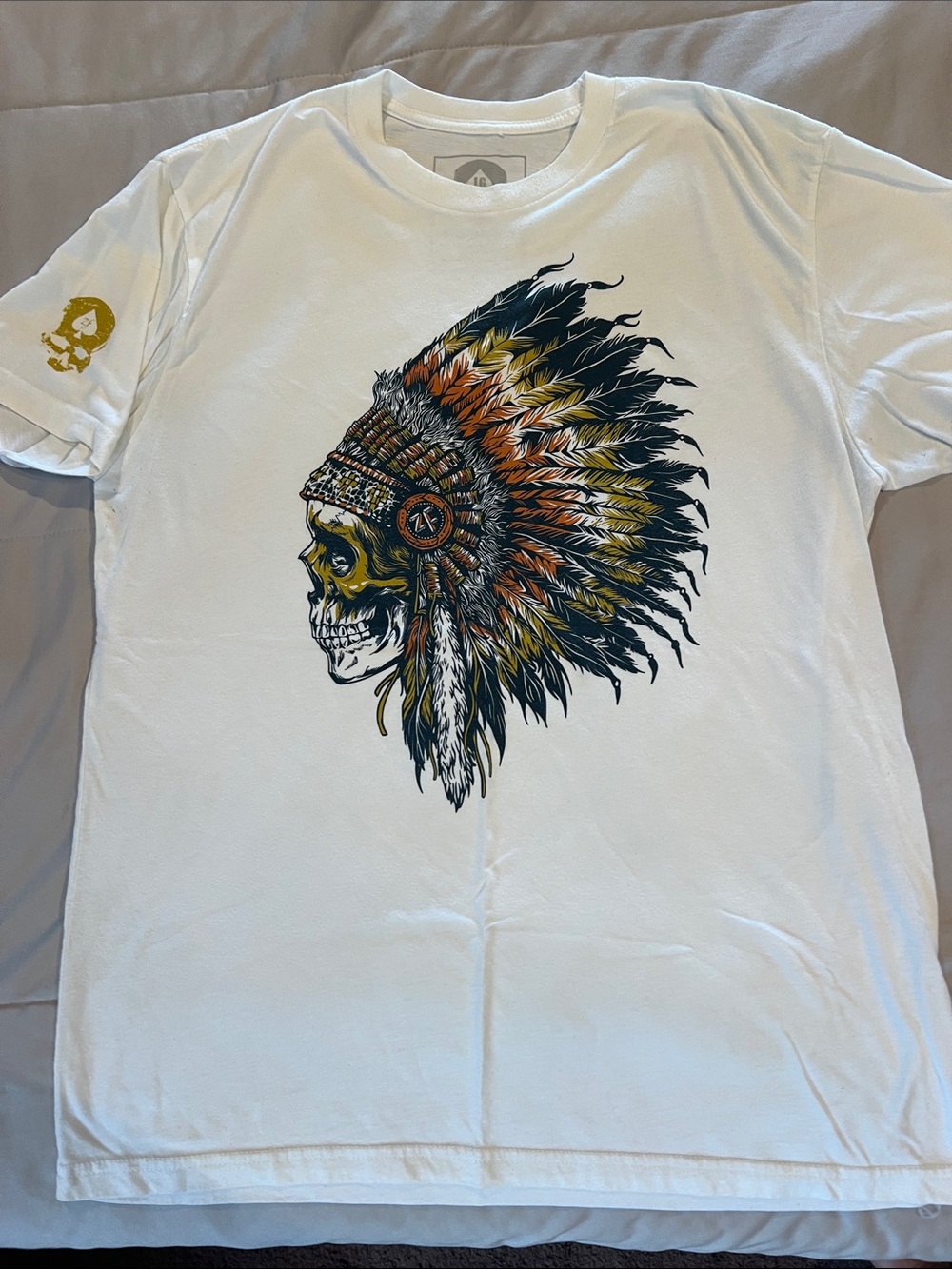 Zero Foxtrot White Graphic Tee with Feather Headdress Skull Print